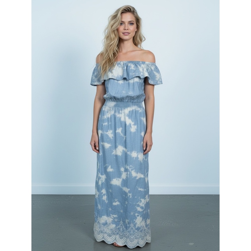 Max Jeans Women Blue Tie Dye Off Shoulder Maxi Dress Embroidered Eyelet Hem M